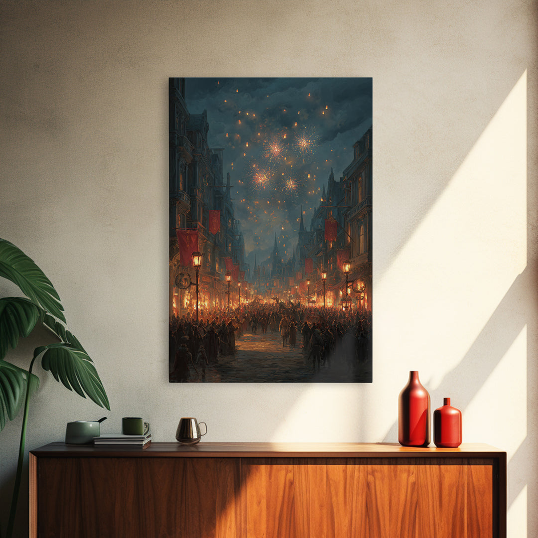 Medieval Festival Street With Fireworks Wall Art, Fantasy City Canvas, Dark Academia Decor, Gothic Town Celebration Print