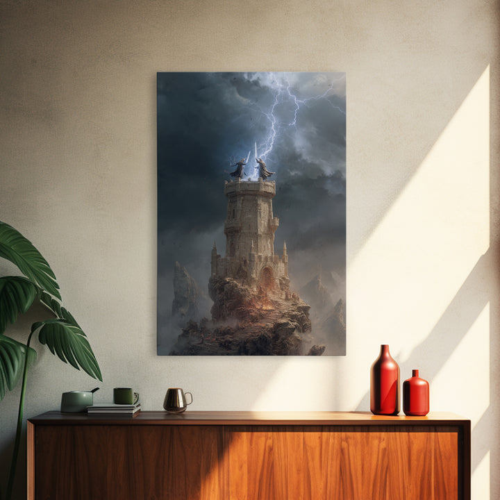 Lightning Strikes Wizard Tower On Stormy Peak Framed Canvas Print, Fantasy Wall Art, Dark Gothic Decor, Magical Castle Art