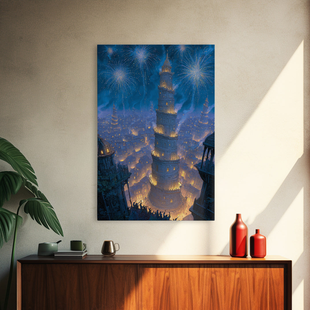 Blue Fireworks Over Magical City Tower Canvas Print, Fantasy Wall Art, Medieval Celebration Decor, Enchanted Skyline Art