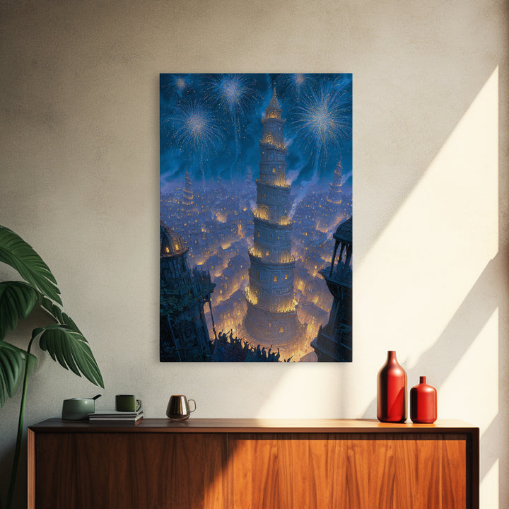 Blue Fireworks Over Magical City Tower Canvas Print, Fantasy Wall Art, Medieval Celebration Decor, Enchanted Skyline Art