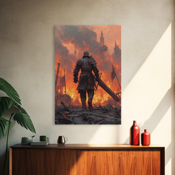 Armored Knight Walking Through Burning Battlefield Wall Art, Dark Fantasy Canvas, Medieval Warrior Decor, Dramatic Fire Art Print