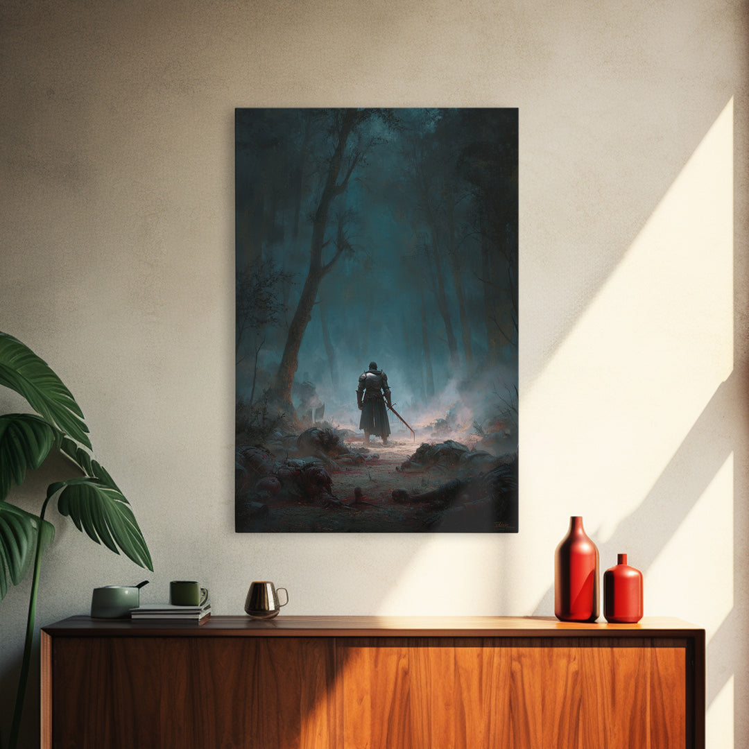 Lone Knight In Misty Haunted Forest Canvas Print, Dark Fantasy Wall Art, Gothic Woodland Decor, Warrior Landscape Artwork