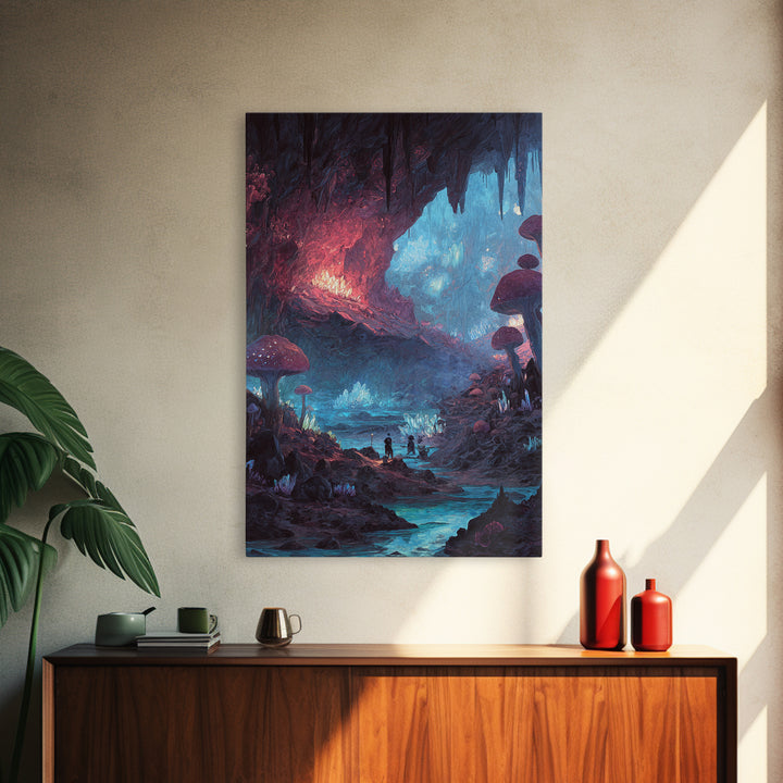 Glowing Mushroom Cave With Crystal River Wall Art, Fantasy Landscape Canvas, Whimsical Fairycore Decor, Magical Forest Print
