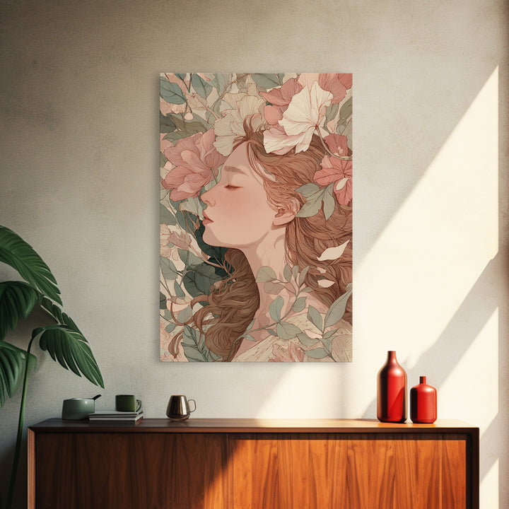 Sleeping Floral Woman Portrait Canvas Print, Art Nouveau Wall Art, Feminine Botanical Decor, Romantic Bedroom Art, Gift For Her