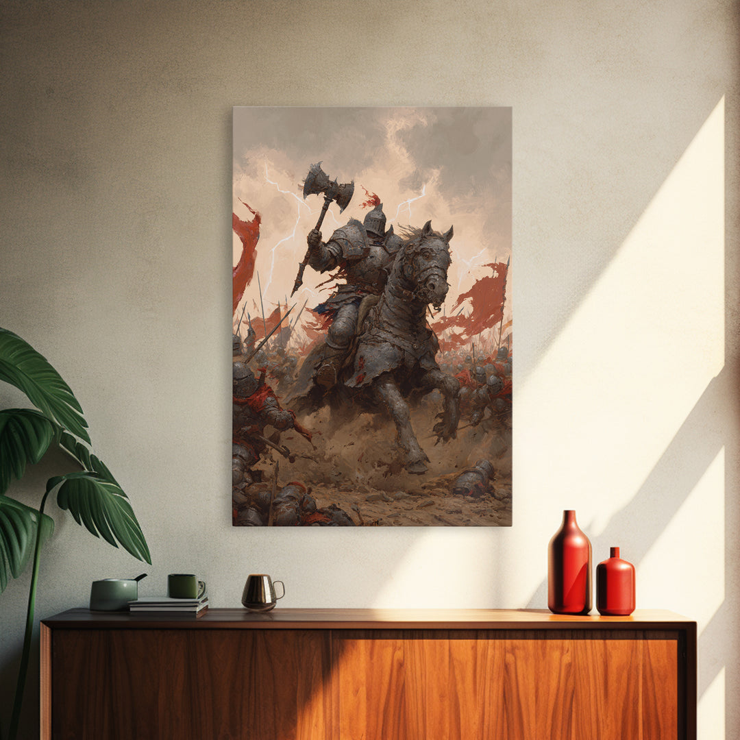 Armored Knight On War Horse With Battle Axe Wall Art, Dark Fantasy Canvas Print, Medieval Warrior Living Room Decor Gift