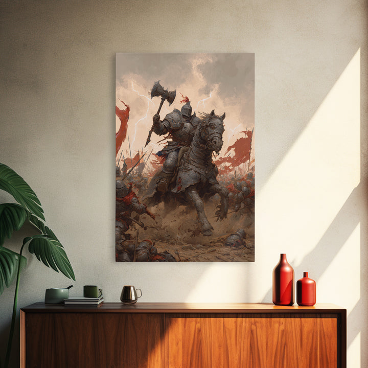 Armored Knight On War Horse With Battle Axe Wall Art, Dark Fantasy Canvas Print, Medieval Warrior Living Room Decor Gift