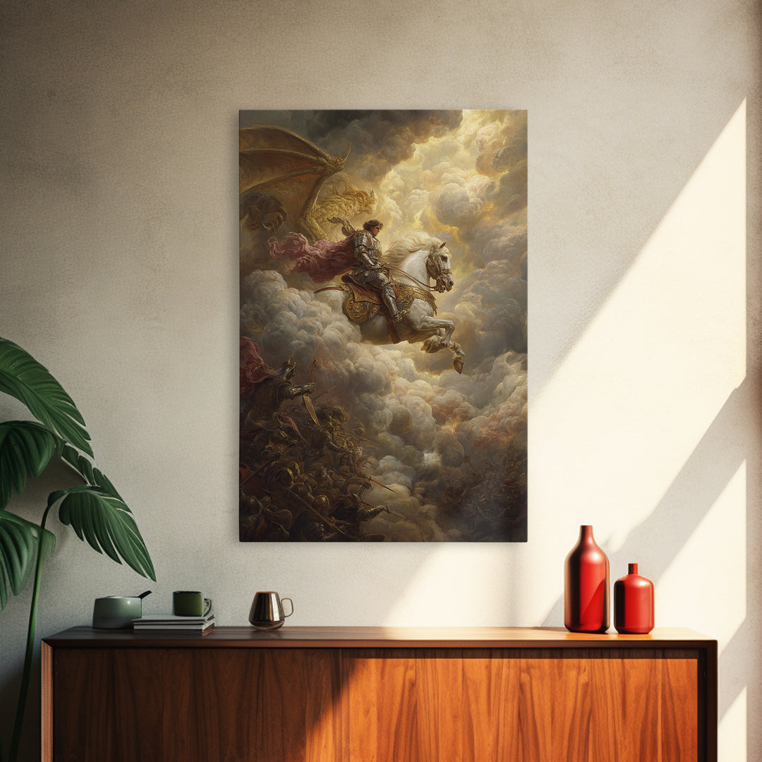White Horse Knight Battles Golden Dragon In Clouds Framed Canvas Print, Epic Fantasy Wall Art, Medieval Home Decor Gift Idea