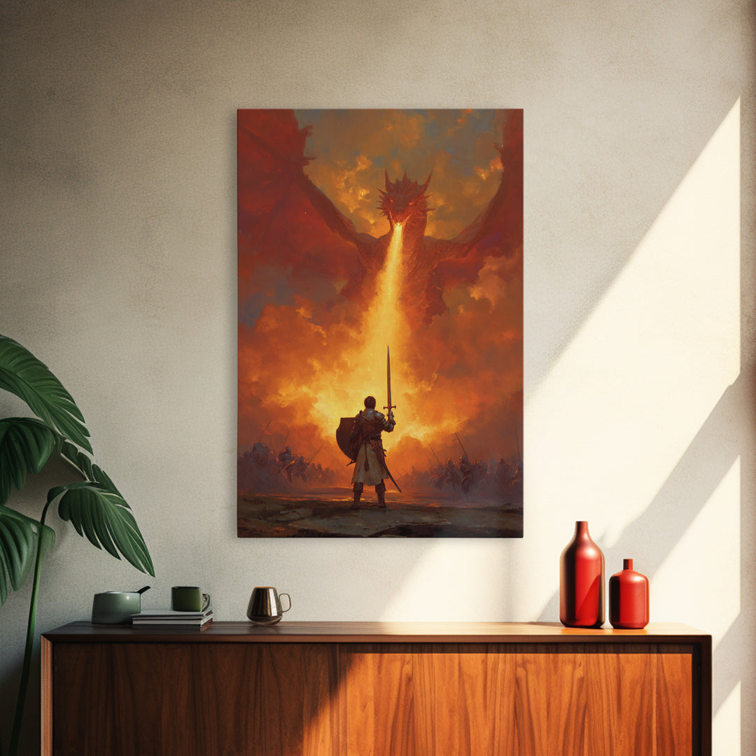 Lone Swordsman Facing Fire Breathing Red Dragon Wall Art, Epic Fantasy Canvas Print, Medieval Battle Living Room Decor Gift