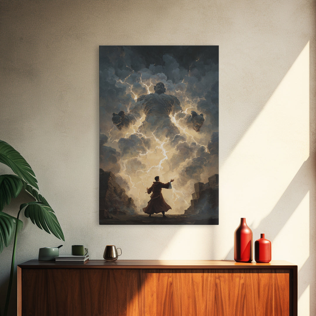 Storm Wizard Summoning Lightning Cloud Giant Wall Art, Dark Fantasy Canvas Print, Mythological Magic Office Decor Gift For Him