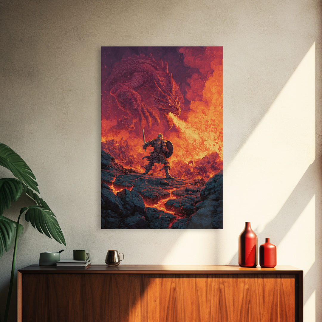 Knight Charging Through Lava Toward Fire Dragon Wall Art, Dark Fantasy Framed Canvas Print, Medieval Battle Game Room Decor