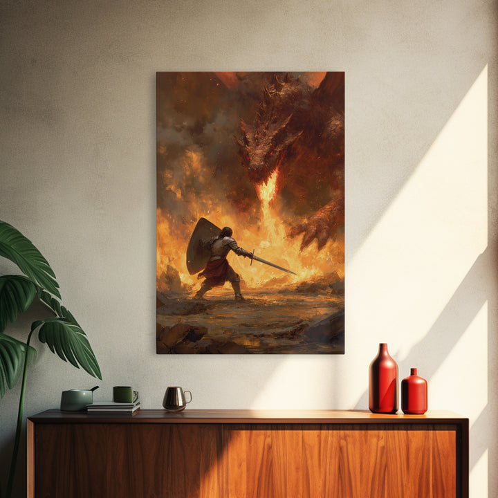 Shield Warrior Defies Fire Breathing Dragon Canvas Print, Epic Fantasy Wall Art, Medieval Sword Battle Home Decor Gift For Him