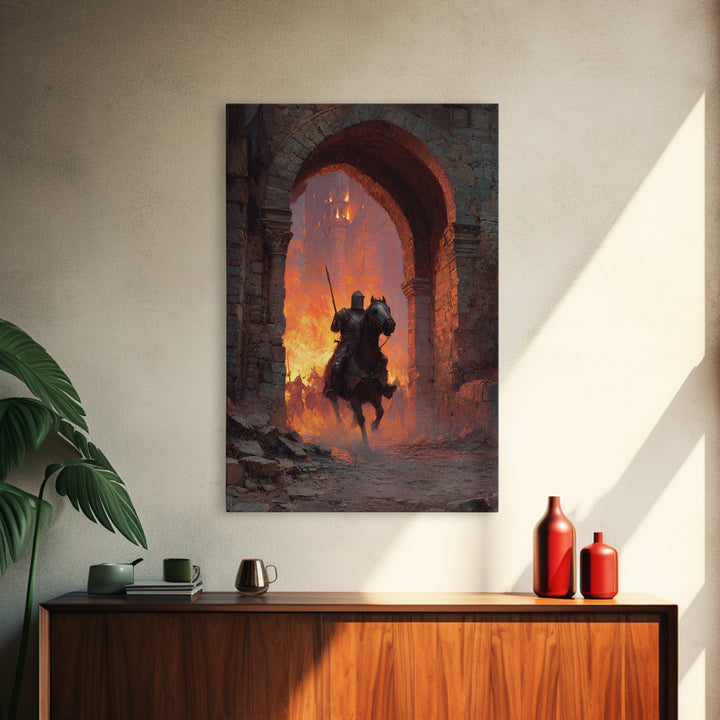 Mounted Knight Riding Through Burning Stone Arch Wall Art, Dark Fantasy Framed Canvas Print, Medieval Castle Home Decor Gift