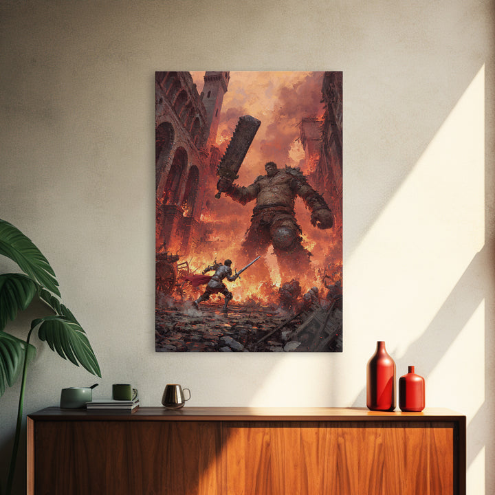 Knight Fighting Giant Ogre In Burning City Wall Art, Dark Fantasy Canvas Print, Medieval Monster Battle Game Room Decor Gift