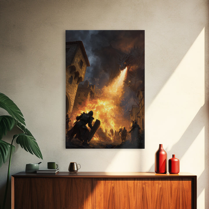 Armored Knight Before Dragon Fire In Medieval Street Wall Art, Dark Fantasy Framed Canvas Print, Castle Battle Living Room Decor
