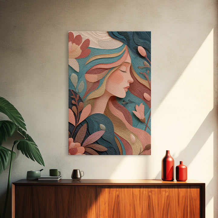 Art Nouveau Floral Woman Portrait Wall Art, Feminine Boho Canvas, Teal Peach Bedroom Decor, Elegant Gift For Her, Modern Home Decor