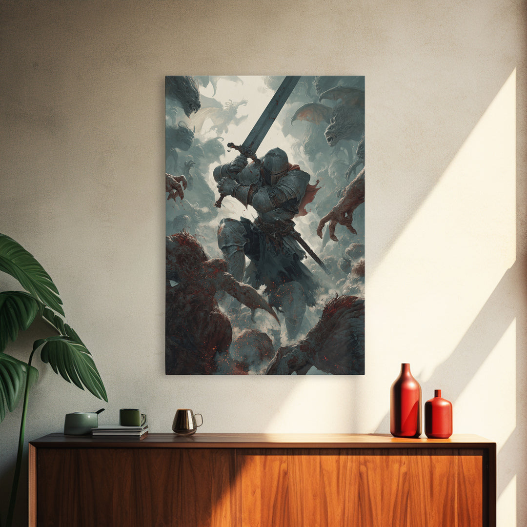 Armored Knight Battling Monsters Wall Art, Dark Fantasy Canvas Wall Decor, Gothic Warrior Artwork, Medieval Game Room Decor