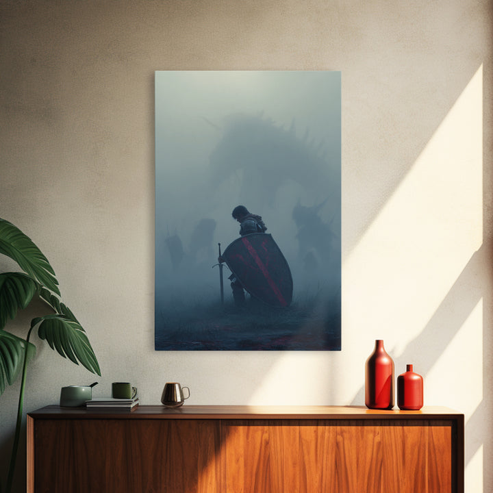 Kneeling Knight In Mist Wall Art, Dark Fantasy Dragon Print, Medieval Warrior Decor, Moody Gothic Living Room Artwork Gift