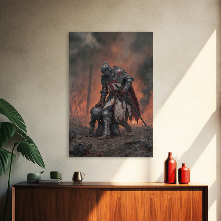 Wounded Knight In Burning Battlefield Wall Art, Dark Fantasy Medieval Canvas Decor, Gothic Warrior Print, Moody Office Artwork