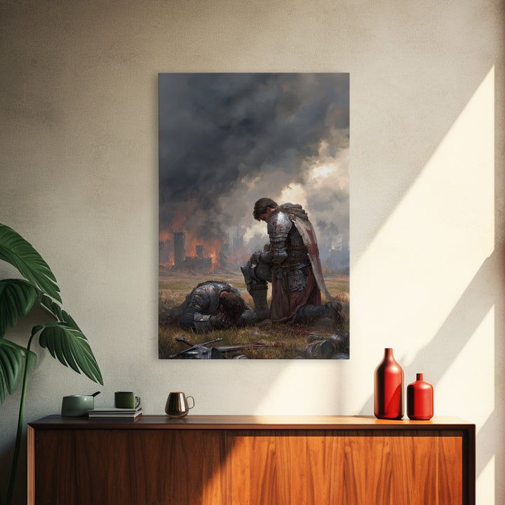 Grieving Knight Beside Fallen Soldier Wall Art, Dark Fantasy Medieval Print, Gothic Battle Decor, Moody Living Room Artwork