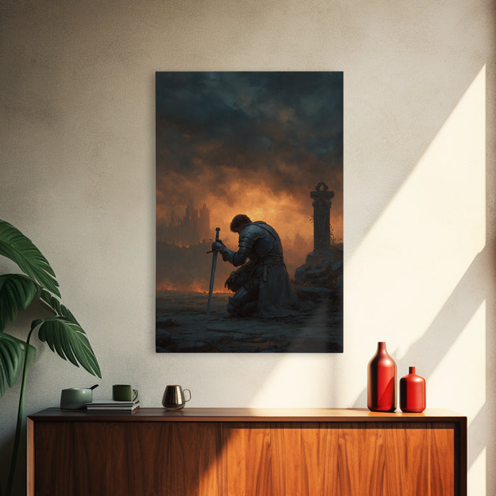 Lone Knight Kneeling At Sword Canvas Print, Dark Fantasy Medieval Wall Decor, Gothic Castle Ruins, Moody Office Art, Statement Artwork