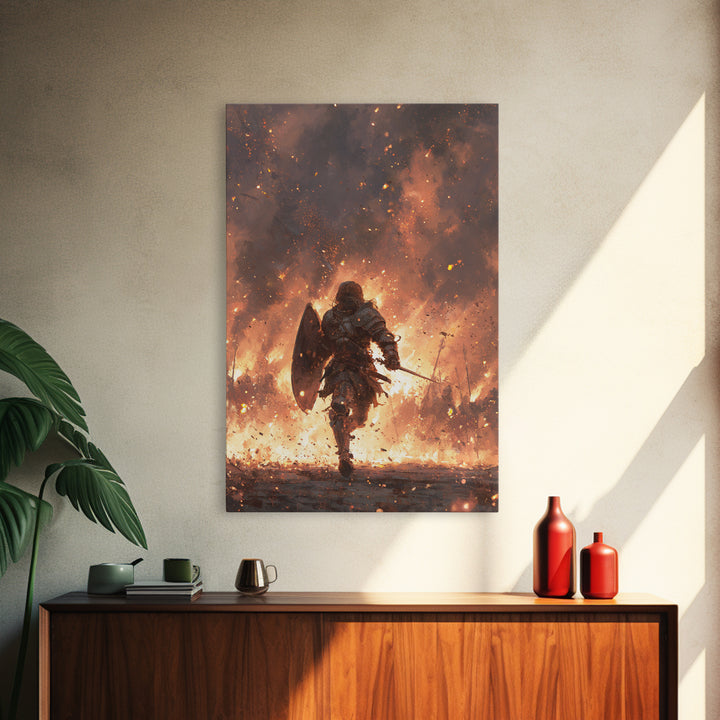 Knight Running Through Fire Wall Art, Dark Fantasy Medieval Battle Print, Gothic Warrior Canvas Decor, Dramatic Game Room Art