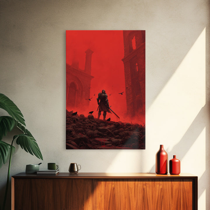 Knight In Crimson Ruins Wall Art, Dark Fantasy Red Gothic Print, Medieval Warrior Decor, Crows And Skulls, Bold Wall Decor