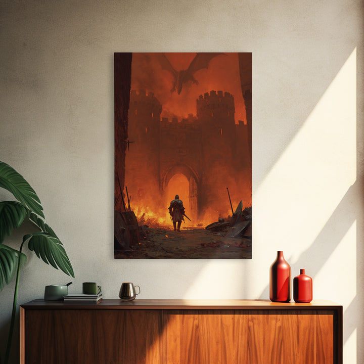Knight At Burning Castle Gate Wall Art, Dark Fantasy Dragon Print, Medieval Warrior Decor, Gothic Game Room Artwork Gift