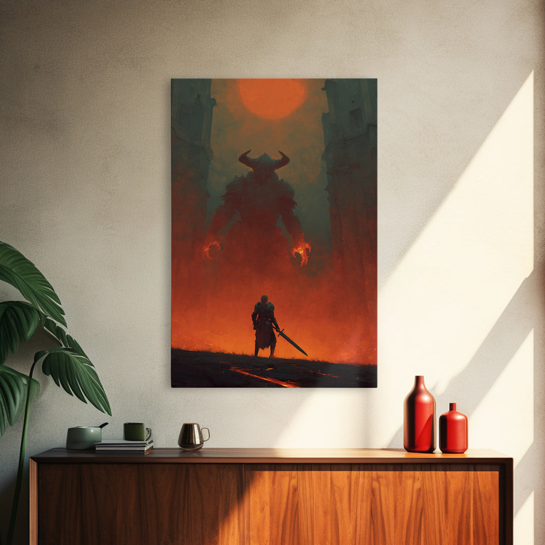 Knight Facing Horned Demon Canvas Print, Dark Fantasy Red Moon Wall Decor, Gothic Monster Art, Epic Game Room Artwork Gift
