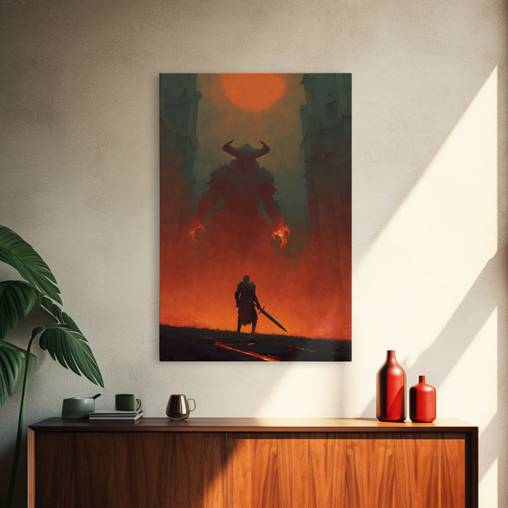 Knight Facing Horned Demon Canvas Print, Dark Fantasy Red Moon Wall Decor, Gothic Monster Art, Epic Game Room Artwork Gift