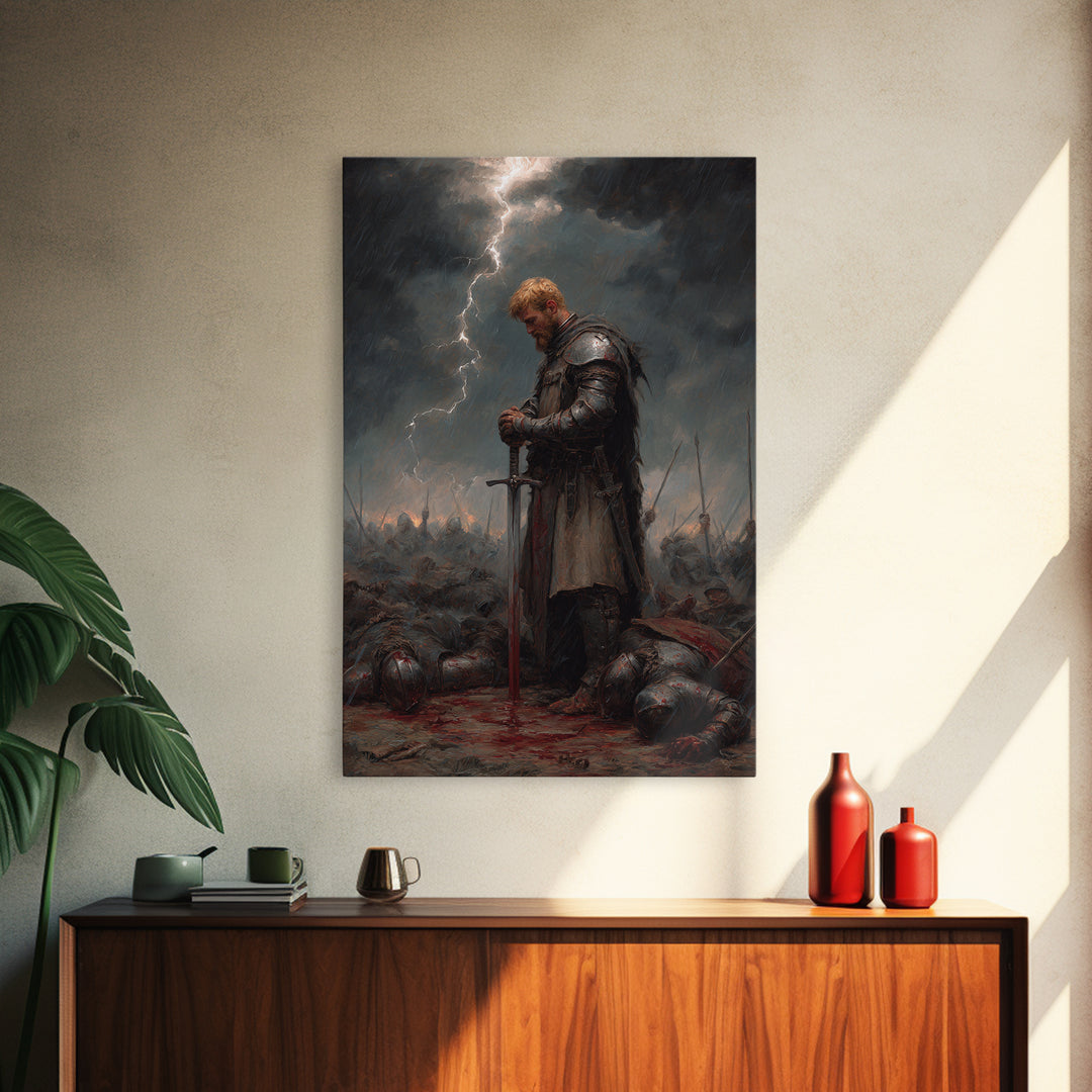 Blond Knight Praying In Storm Wall Art, Dark Fantasy Medieval Battle Print, Gothic Warrior Decor, Moody Masculine Office Art