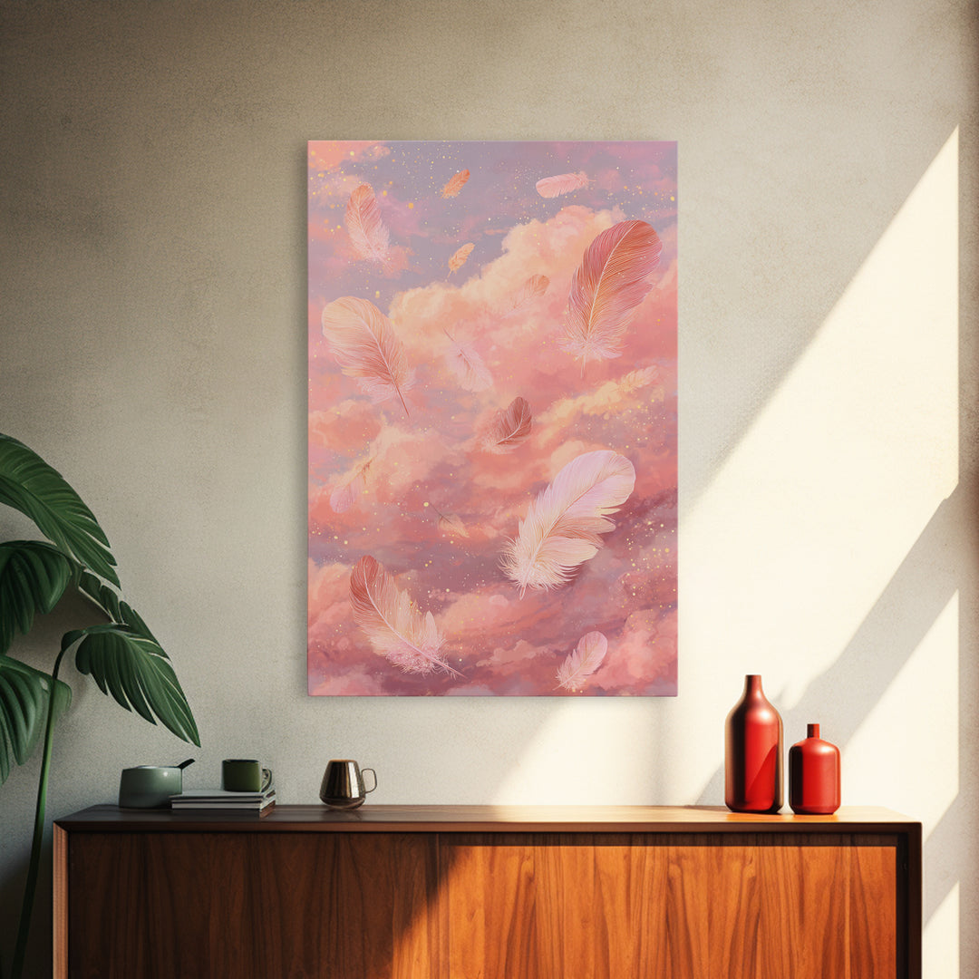 Pink Feather Cloud Canvas Print, Dreamy Celestial Sky Art, Pastel Nursery Decor, Whimsical Bedroom Wall Decor Gift For Her