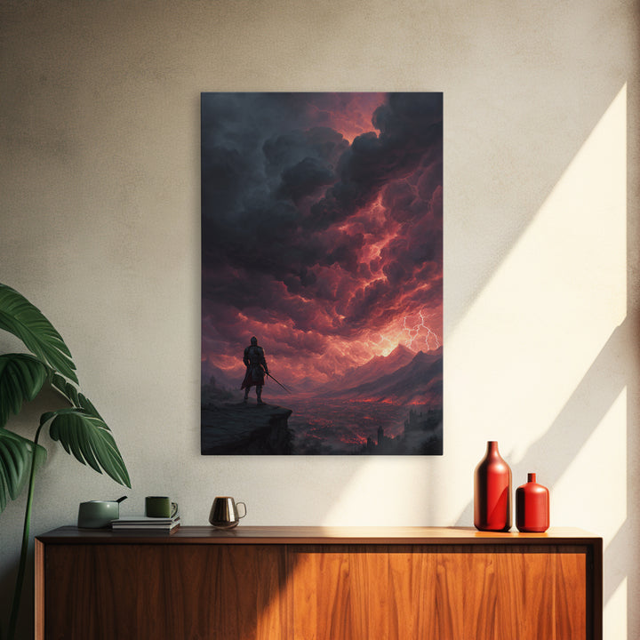 Lone Warrior Under Crimson Lightning Storm Wall Art, Dark Fantasy Landscape, Medieval Castle Decor, Dramatic Gothic Poster