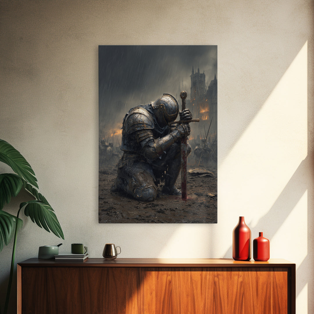 Kneeling Knight In Rainy Battlefield Framed Canvas Print, Dark Medieval Wall Decor, Gothic Castle Art, Gift For Him, Office Decor