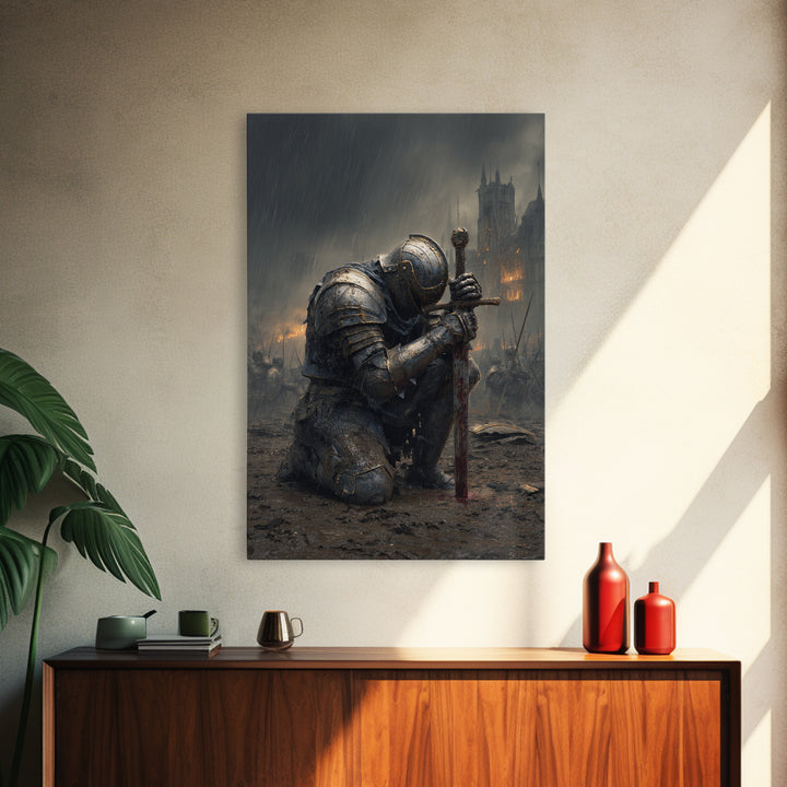 Kneeling Knight In Rainy Battlefield Framed Canvas Print, Dark Medieval Wall Decor, Gothic Castle Art, Gift For Him, Office Decor