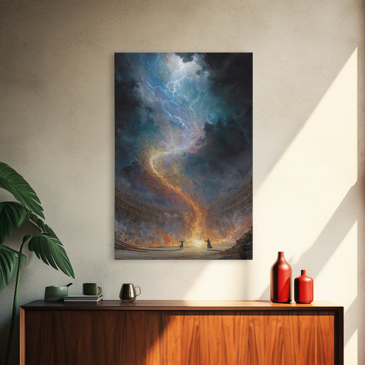 Celestial Firestorm Vortex In Ancient Arena Canvas Print, Epic Fantasy Wall Art, Cosmic Lightning Decor, Dramatic Poster