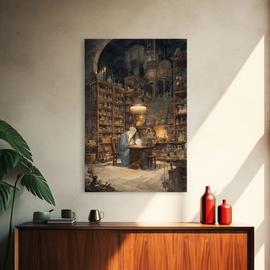 Moonlit Alchemist Workshop With Glowing Orb Wall Art, Dark Academia Decor, Fantasy Library Print, Whimsical Office Poster