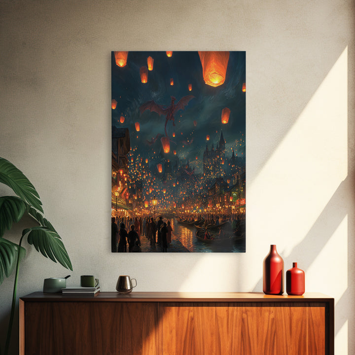 Dragon Lantern Festival Over Medieval Harbor Framed Canvas Print, Fantasy Wall Art, Magical City Decor, Whimsical Poster