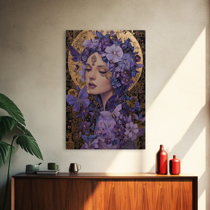 Purple Floral Goddess Portrait Wall Art, Art Nouveau Butterfly Decor, Feminine Celestial Canvas Print, Gift For Her, Boho Wall Decor