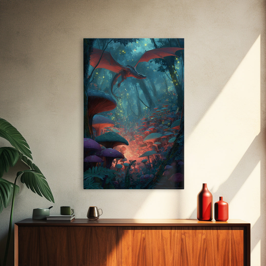 Red Dragon In Glowing Mushroom Forest Canvas Print, Enchanted Fantasy Wall Art, Woodland Nursery Decor, Magical Poster, Kids Room Art