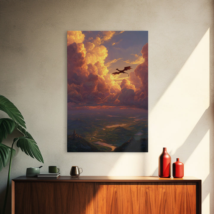 Dragon Flying Through Golden Sunset Clouds Wall Art, Epic Fantasy Landscape, Castle Valley Decor, Large Canvas Print, Gift For Him