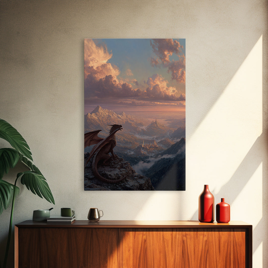 Dragon On Mountain Overlooking Kingdom At Sunset Canvas Print, Fantasy Landscape Wall Art, Castle Decor, Gift For Him, Adventure Poster