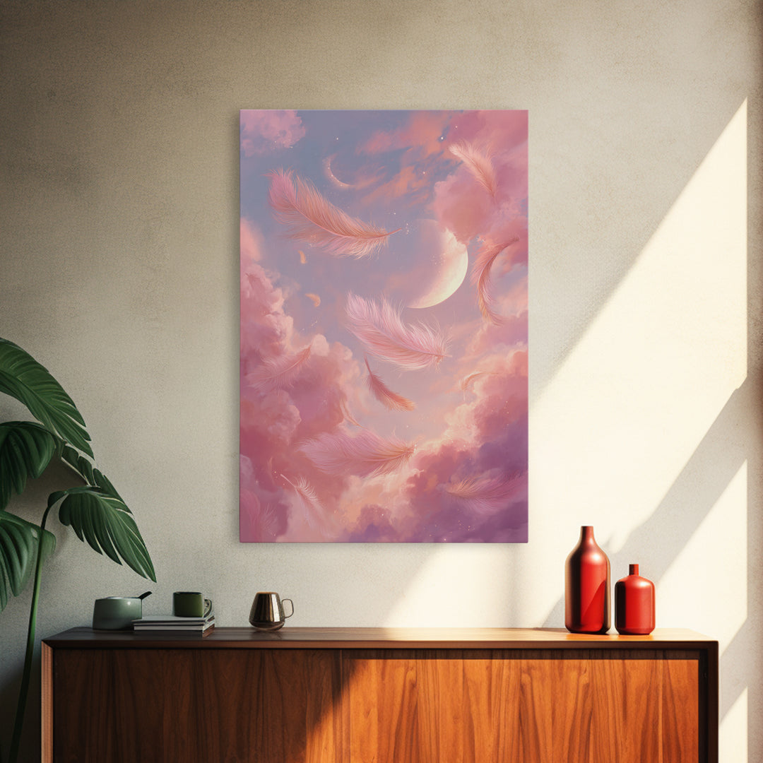 Crescent Moon Feather Wall Art, Pink Cloud Celestial Canvas, Dreamy Nursery Decor, Whimsical Bedroom Print Gift For Her, Pastel Decor
