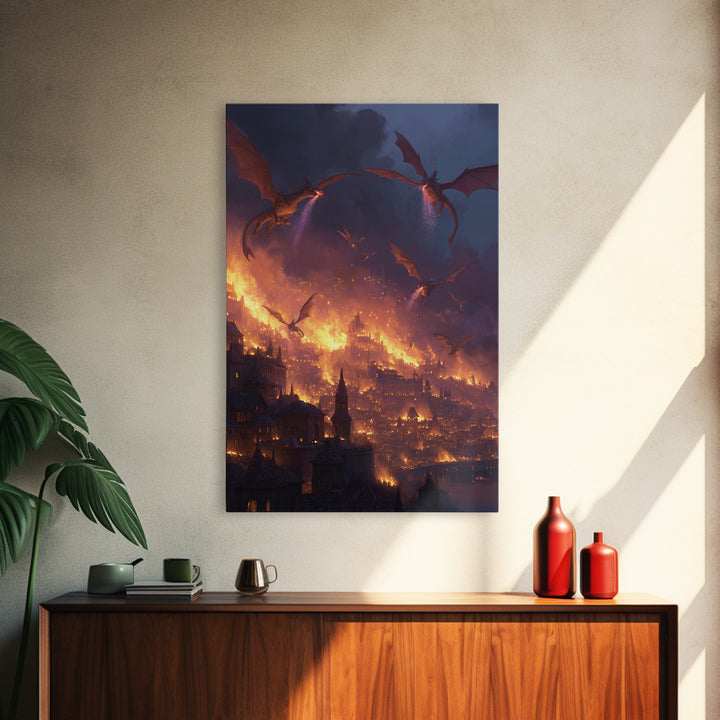 Burning Dragon Siege Over Medieval City Wall Art, Dark Fantasy Canvas Print, Gothic Castle Decor, Epic Fire Dragon Artwork