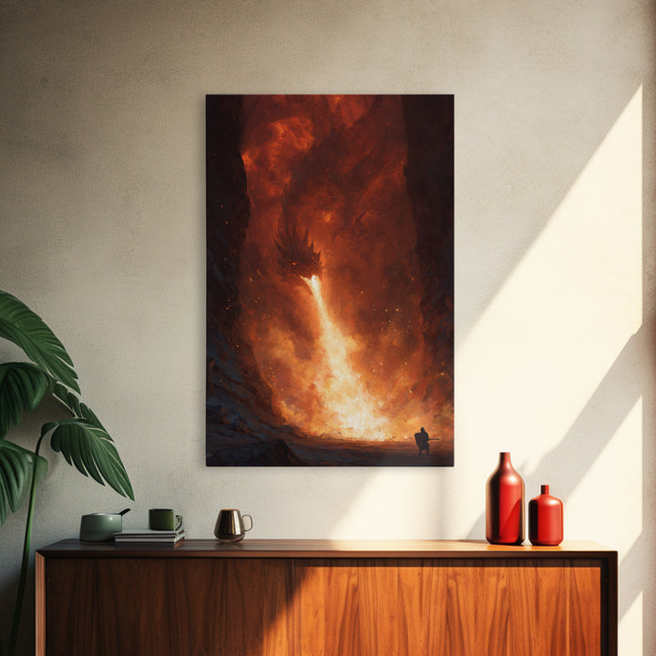 Lone Warrior Facing Fire Breathing Dragon Canvas Print, Dark Fantasy Wall Art, Epic Cave Battle Decor, Dramatic Monster Art