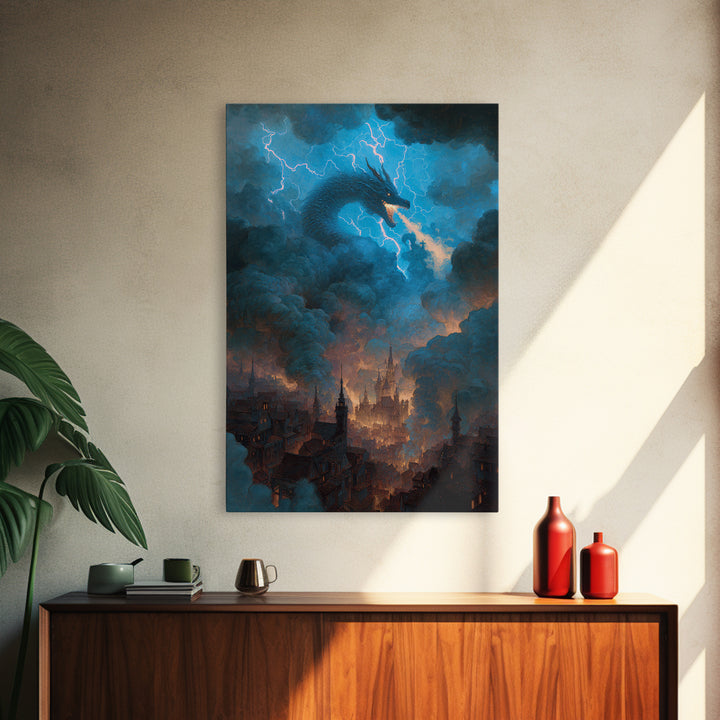Storm Dragon Above Smoky Gothic City Wall Art, Electric Blue Fantasy Canvas Print, Dark Academia Decor, Epic Monster Artwork