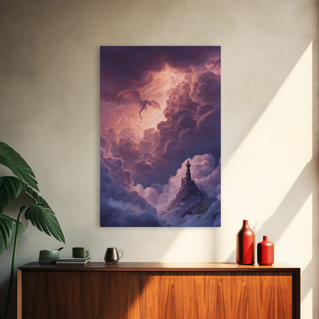 Dragon Flying Through Thunderclouds Framed Canvas Print, Fantasy Wall Art, Moody Sky Landscape, Castle Tower Decor, Epic Fantasy Gift