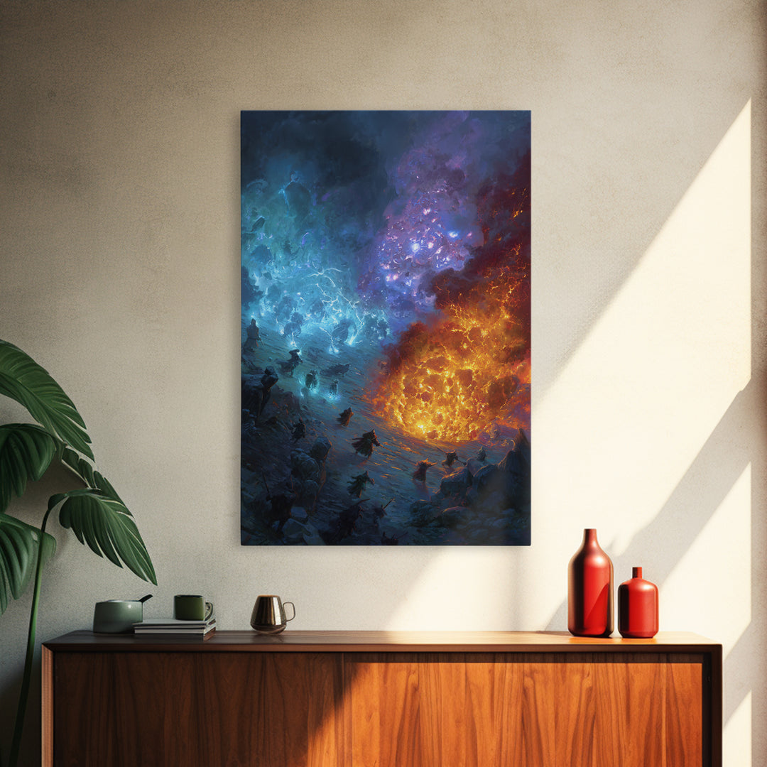 Elemental Fire And Ice Battle Wall Art, Epic Fantasy Canvas Print, Surreal Magic Landscape, Dramatic Warrior Decor, Adventure Artwork