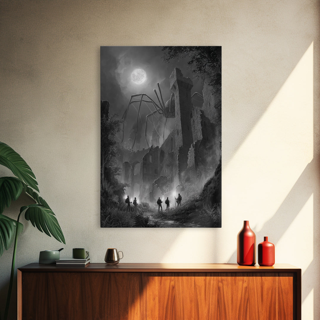 Giant Spider Haunting Moonlit Ruins Wall Art, Black And White Framed Canvas Print, Gothic Horror Decor, Creepy Fantasy Art