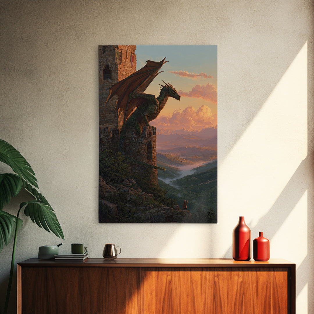 Green Dragon Guarding Mountain Castle Wall Art, Epic Fantasy Canvas Print, Medieval Valley Landscape, Statement Home Decor
