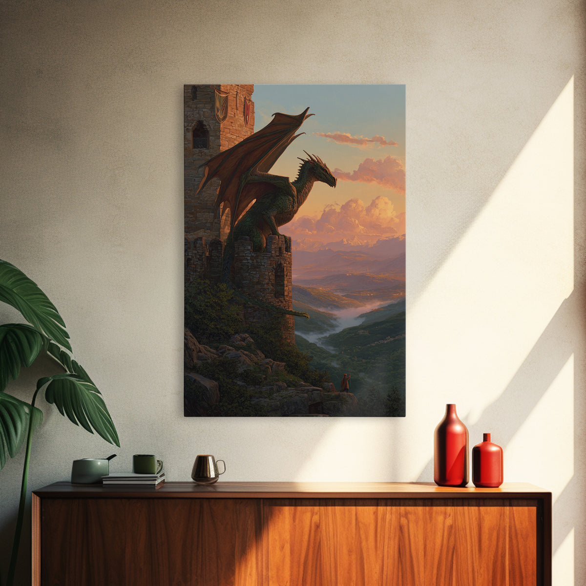 Green Dragon Guarding Mountain Castle Wall Art, Epic Fantasy Canvas Print, Medieval Valley Landscape, Statement Home Decor